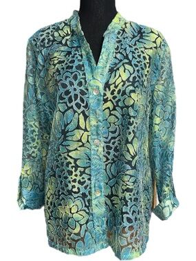 Ruby Rd. - Textured Floral Button‑Front Blouse - Teal/Blue Multicolor - Size 16
